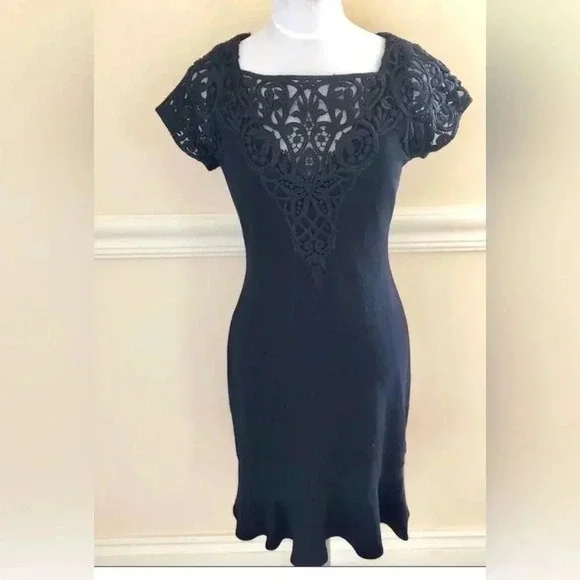 Yoana Baraschi Dresses | Anthropologie Yoana Barachi Black Lace Crochet S/S Cap Sleeve Dress Medium | Color: Black | Size: M | Pearlsecondtime's